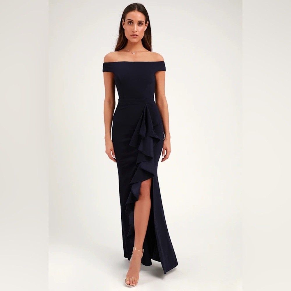Lulus Mila Navy Blue Ruffled Off-the-Shoulder Maxi Dress Medium